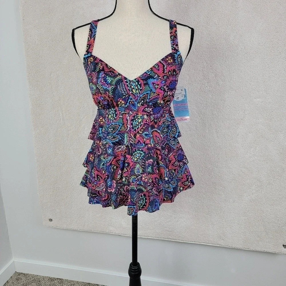 Swim‎ Solutions Paisley Tankini Top Size 10 Multicolor Ruffle Tummy Control - Picture 2 of 16